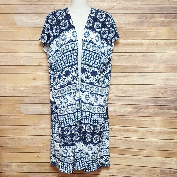 The Kimono Store Tops - Blue & White Abstract Print Kimono Cardigan